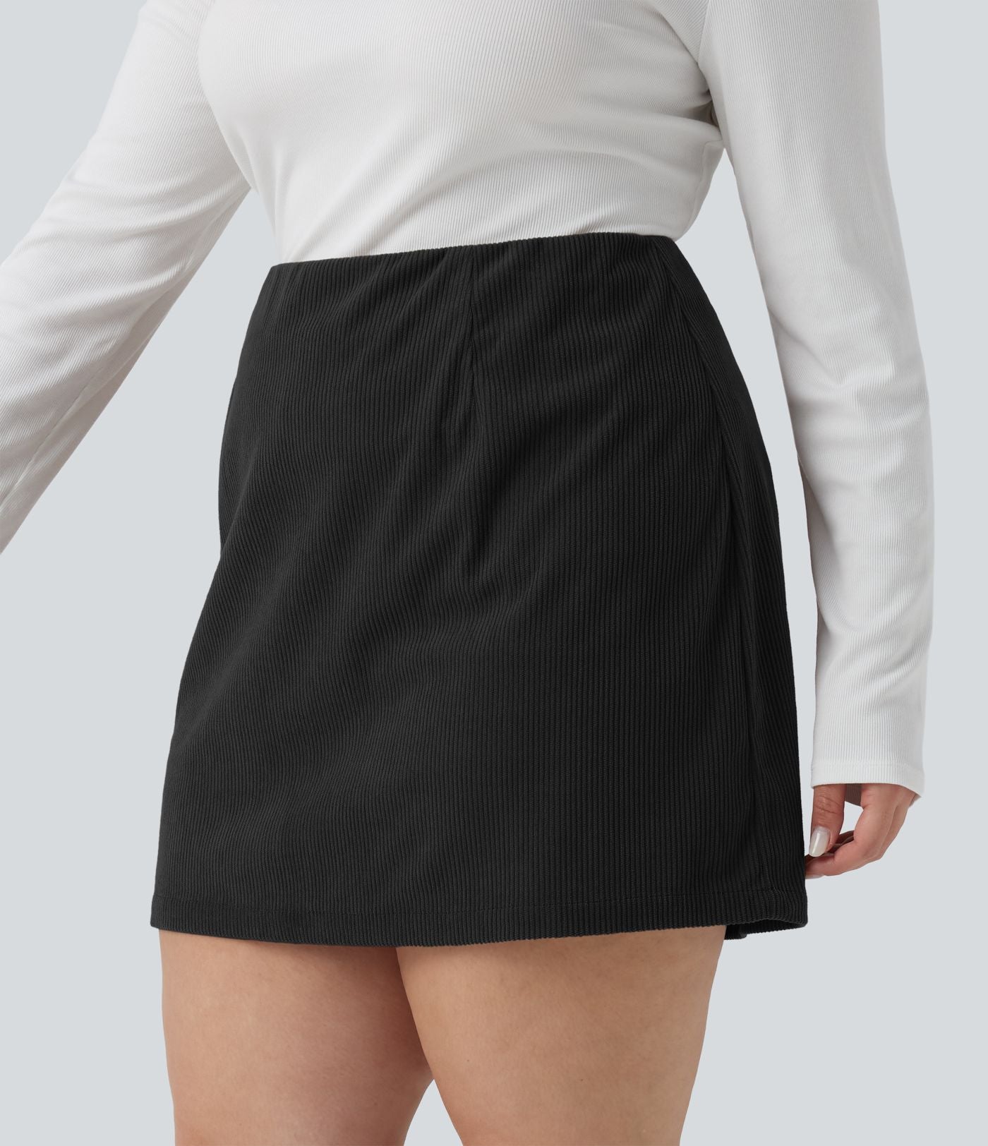 Jupe mini casual grande taille 2-en-1 en velours côtelé taille haute ligne A - Longueur plus longue