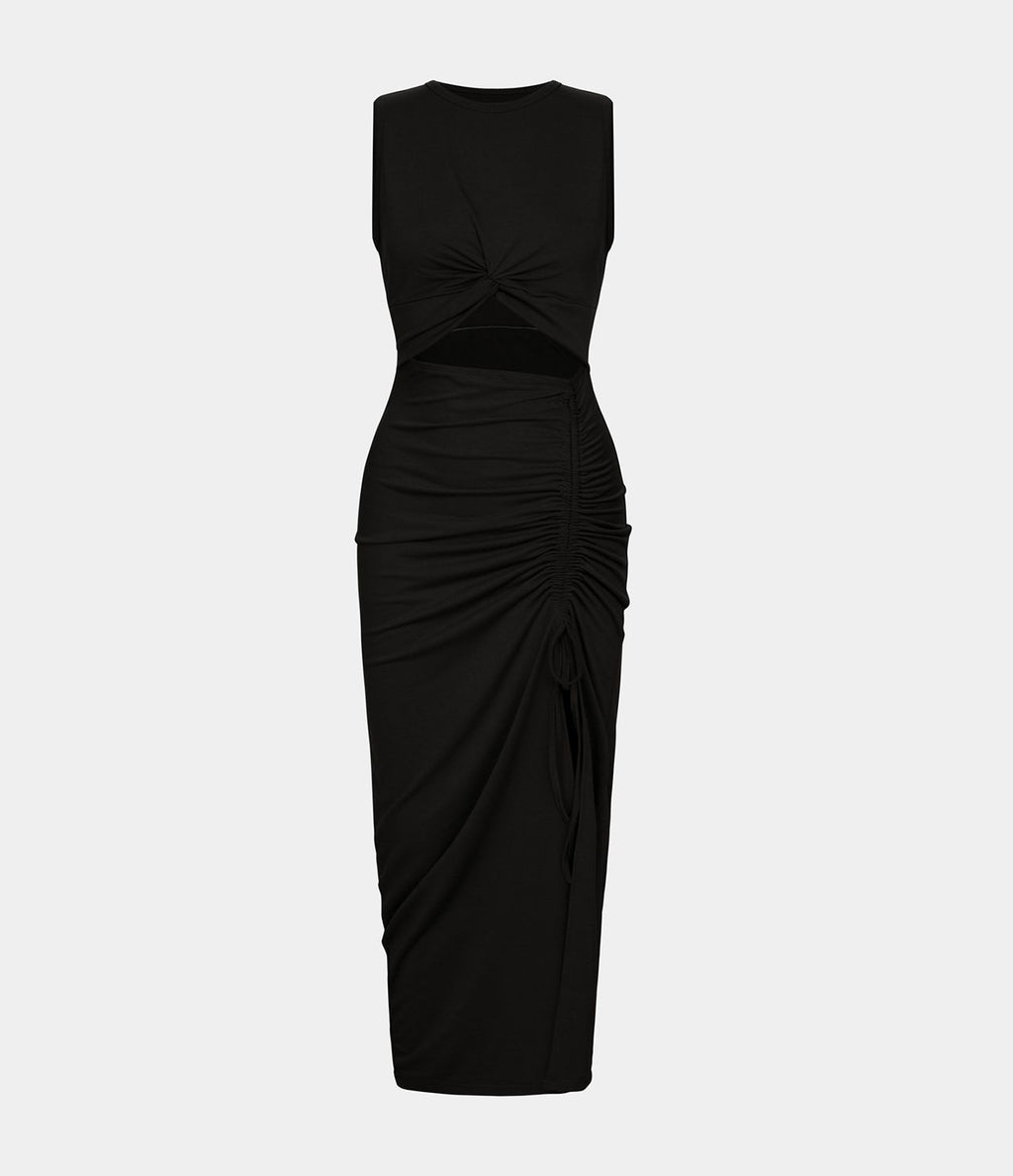 Robe Midi Casual Moulante  Ourlet Fendu Col Rond Découpes Torsadées Froncée Cordon Serrage