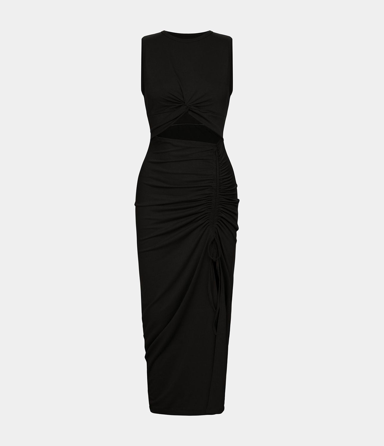 Robe Midi Casual Moulante  Ourlet Fendu Col Rond Découpes Torsadées Froncée Cordon Serrage