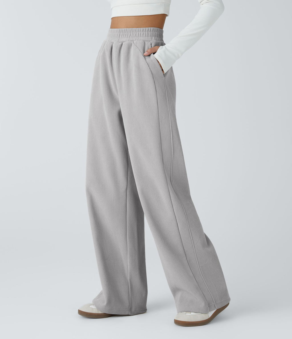 Pantalon velours côtelé de jogging décontracté à taille haute avec poches latérales