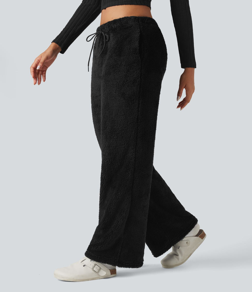 Pantalon coupe droite teddy taille mi-haute avec cordon de serrage et poches