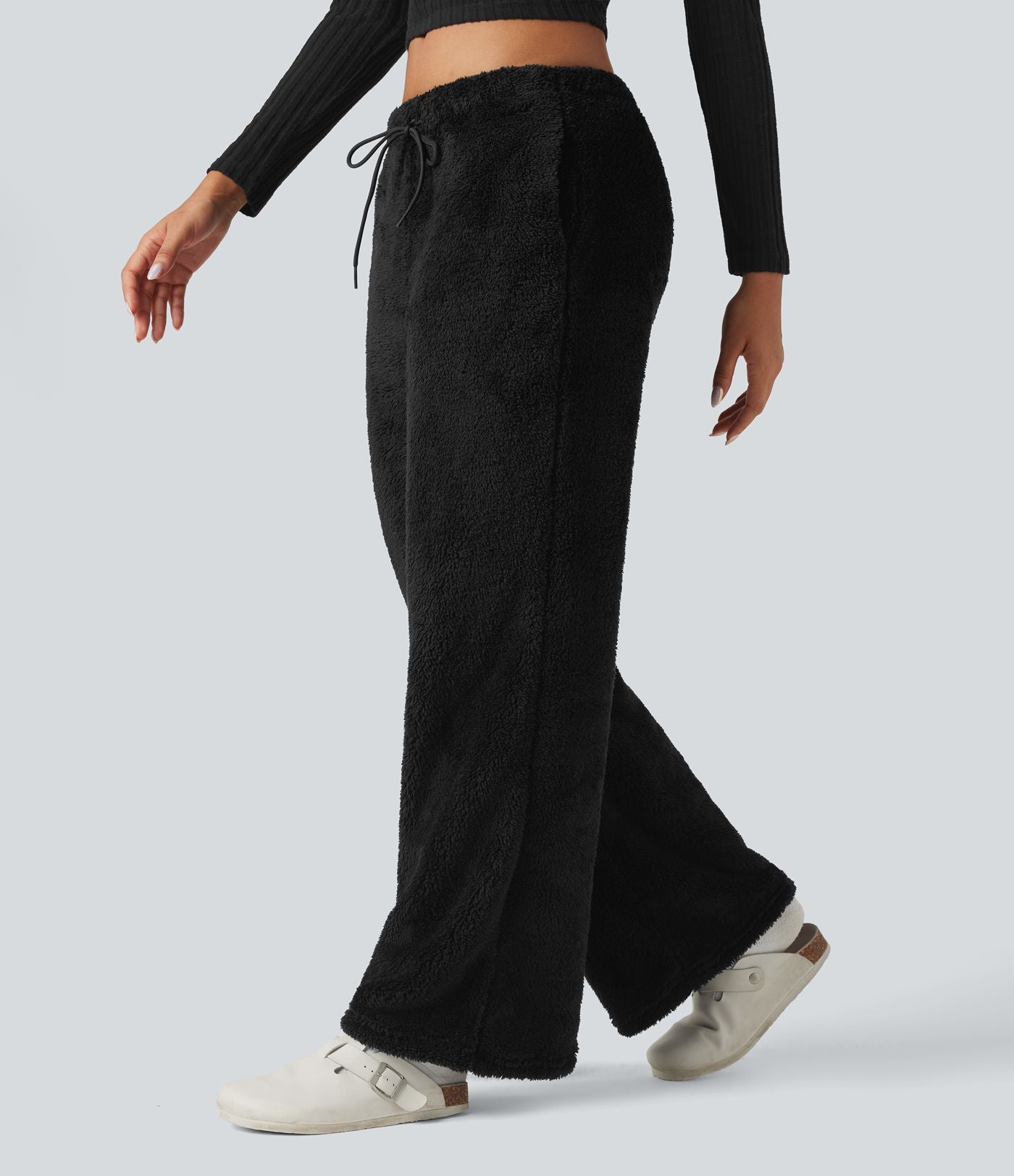 Pantalon coupe droite teddy taille mi-haute avec cordon de serrage et poches