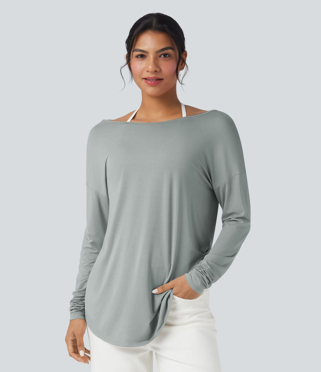 T-shirt décontracté col V profond manches longues à trous pouces coupe décontractée - Réversible devant et dos