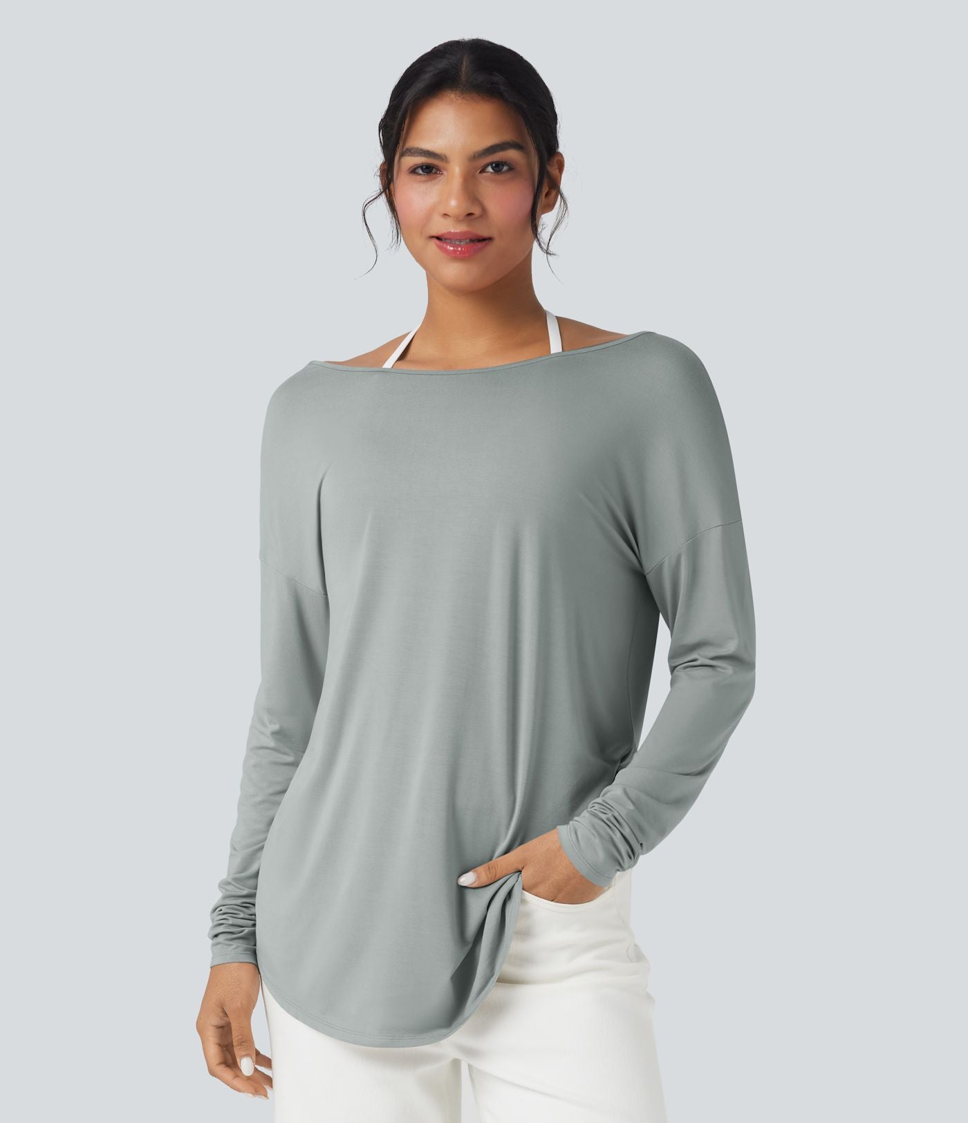 T-shirt décontracté col V profond manches longues à trous pouces coupe décontractée - Réversible devant et dos