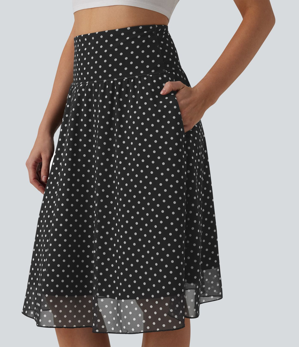 Jupe casual mi-longue gainante taille haute en mesh à pois avec poches