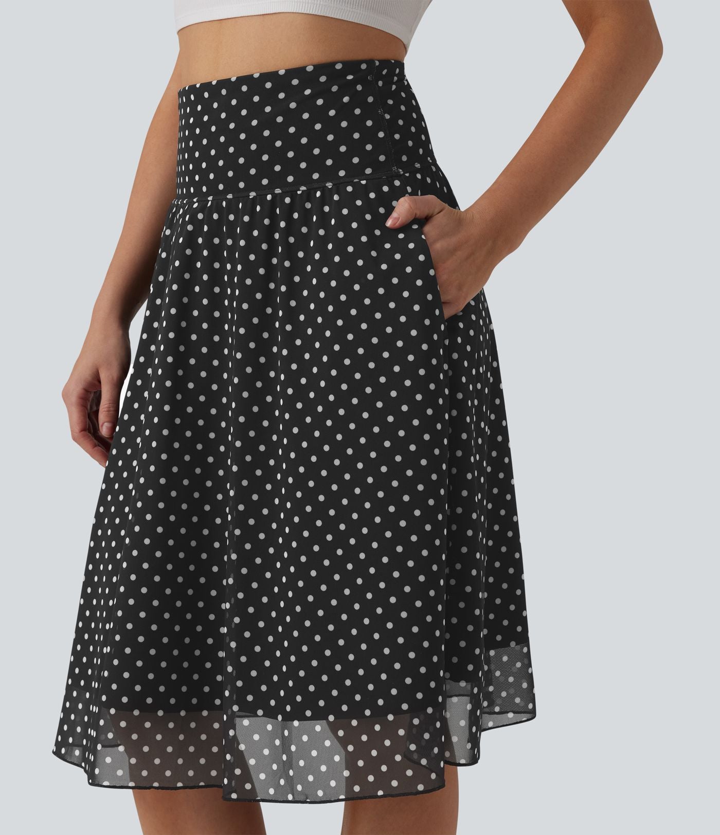 Jupe casual mi-longue gainante taille haute en mesh à pois avec poches