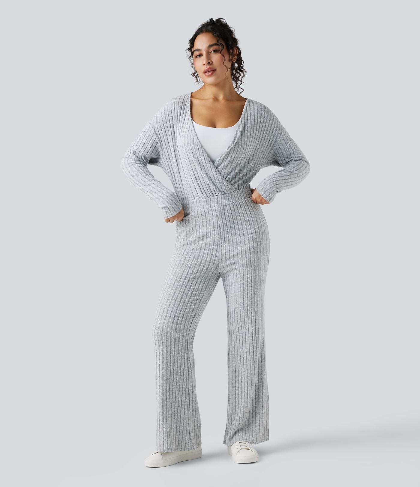 Combinaison casual côtelée maille col V manches longues - Easy Peasy