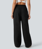 Pantalon large fluide polaire color block double ceinture gainant taille haute avec poches
