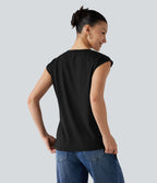 Top casual col rond manches courtes ourlet asymétrique torsadé