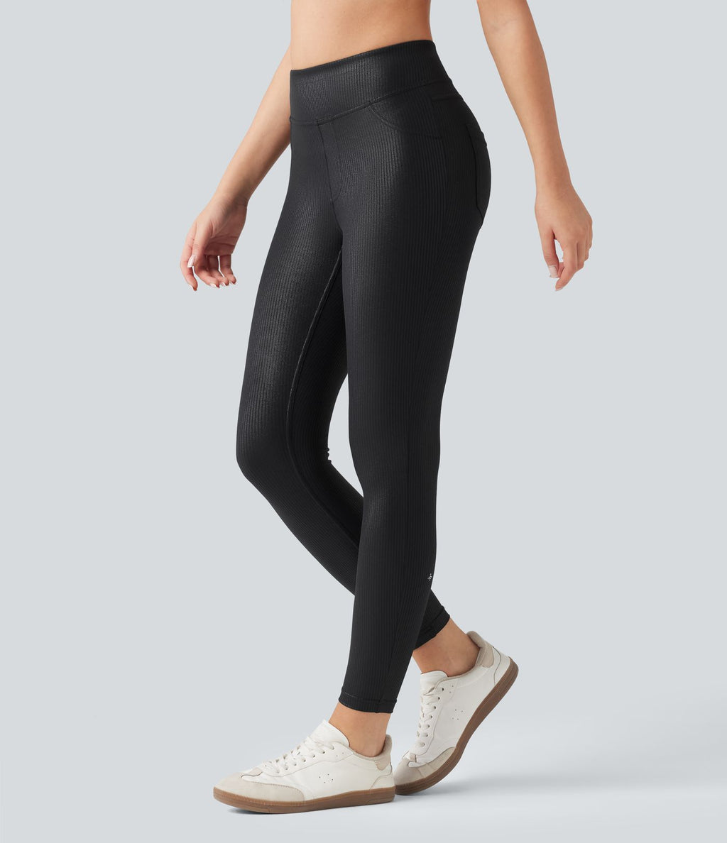 Leggings de yoga taille haute en maille côtelée avec imprimé métallisé et poches