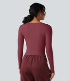 T-shirt tailleur côtelé court col V manches longues