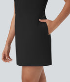 Robe de travail courte sans manches col V plissée Halara Flex™ micro gaufré avec poches
