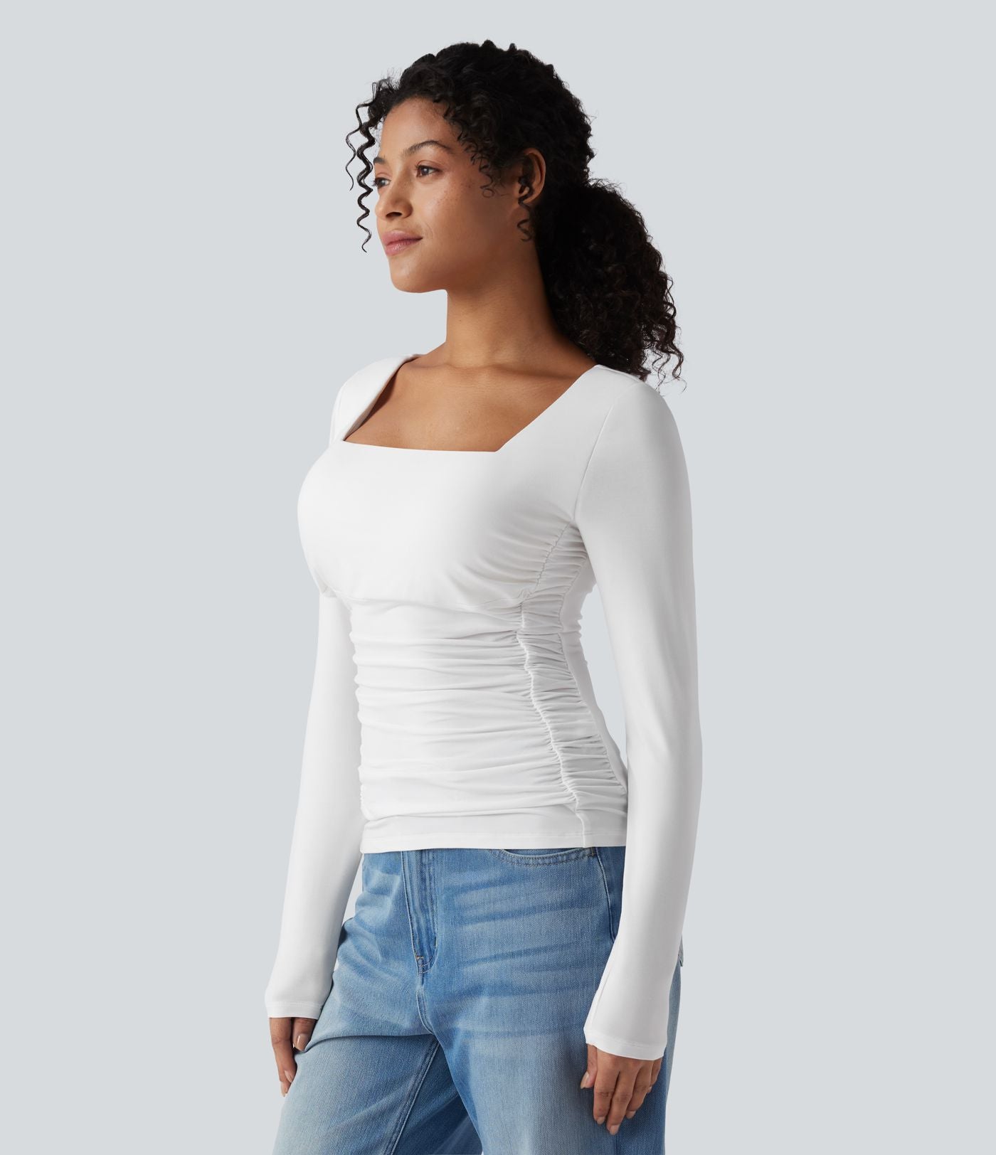 T-shirt décontracté 2-en-1 push-up à col carré, manches longues et fronces - Bonnets E-G
