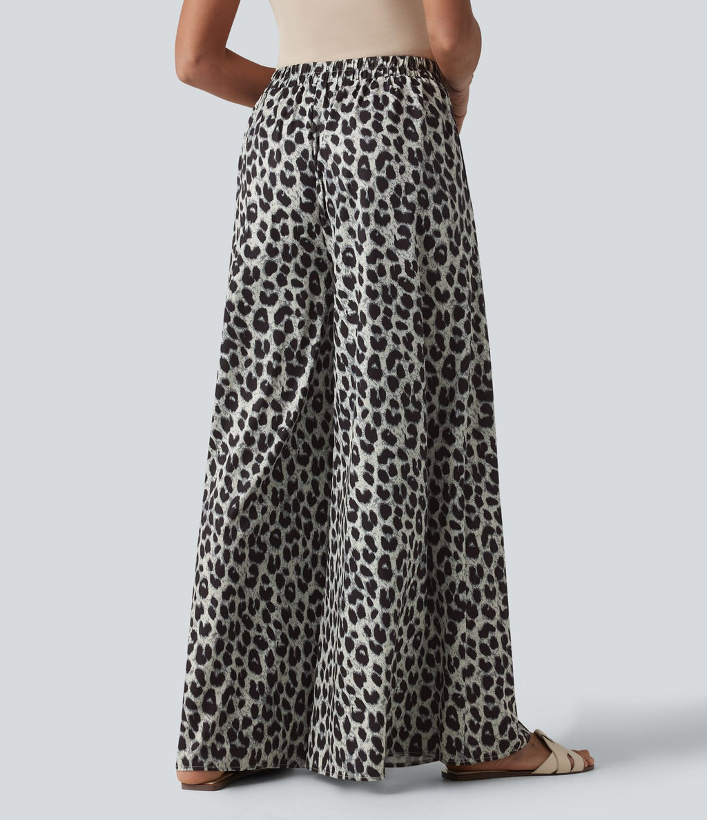 Pantalon large casual taille haute imprimé léopard, avec poches