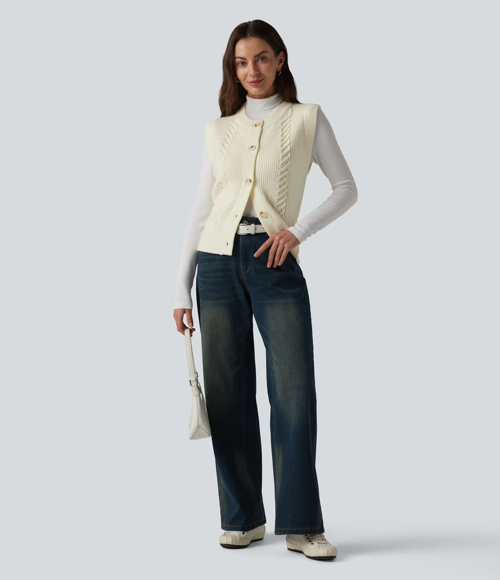 Gilet casual col rond ourlet fendu boutonnage devant