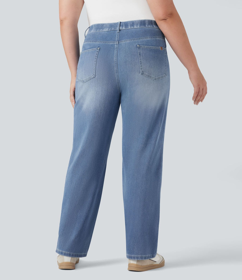 Jean droit décontracté délavé gainant taille haute grande taille avec poches Halara Flex™