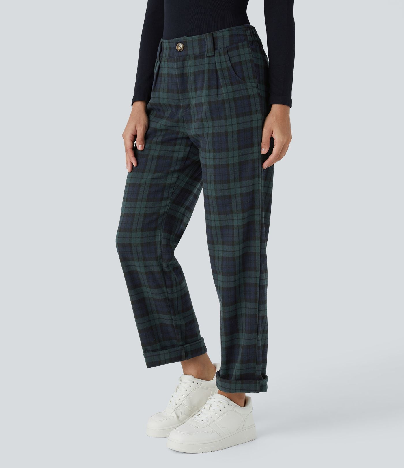 Pantalon Casual à Carreaux Taille Moyenne Avec Fermeture Eclair et Poche Latérale à Jambe Droite