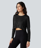 Top de sport yoga jacquard ourlet croisé col rond manches longues