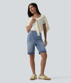 Short 7/8 tailleur Halara Flex™ denim casual ourlet roulotté taille haute avec poches