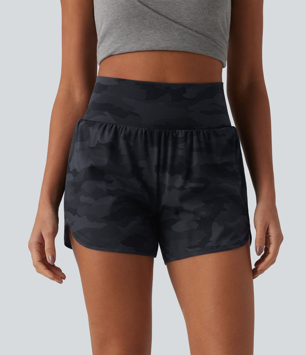 Short de running 2 en 1 Halara UltraSculpt™ gainant imprimé camouflage, taille haute, ourlet incurvé, 10 cm, avec poche
