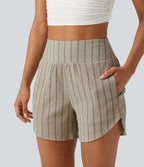 Short casual taille haute ourlet arrondi rayures avec poches