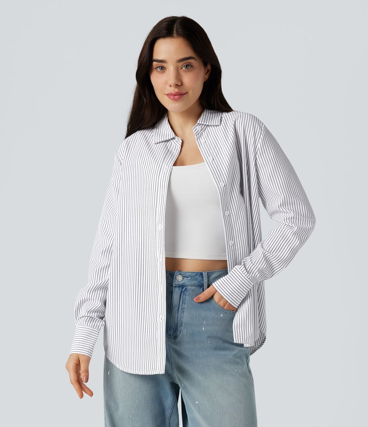 Chemise rayée col chemise ourlet arrondi manches longues coupe décontractée