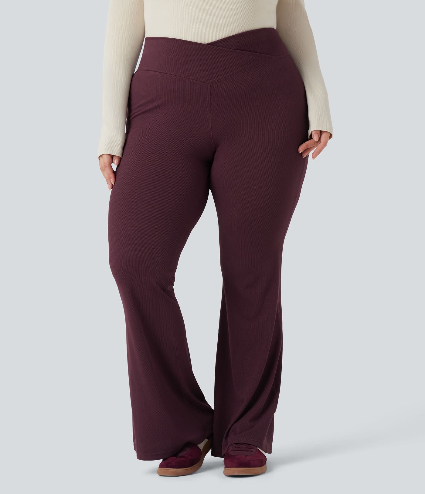 Pantalon décontracté grande taille croisé, évasé en maille gaufrée, taille haute, avec poches