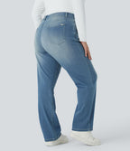 Jean décontracté Halara Flex™ grande taille, taille haute, multiples poches, jambes droites, effet délavé, en maille extensible