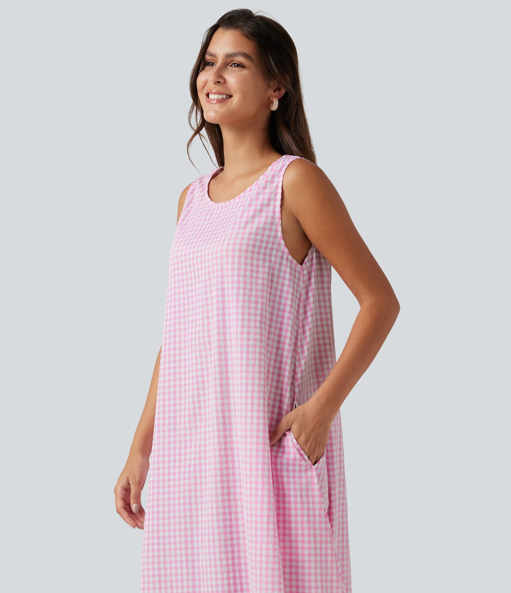 Robe débardeur midi décontractée col rond sans manches en vichy froissé avec poches