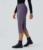 Jupe Midi Moulante Casual en Côtes Taille Haute Fendue