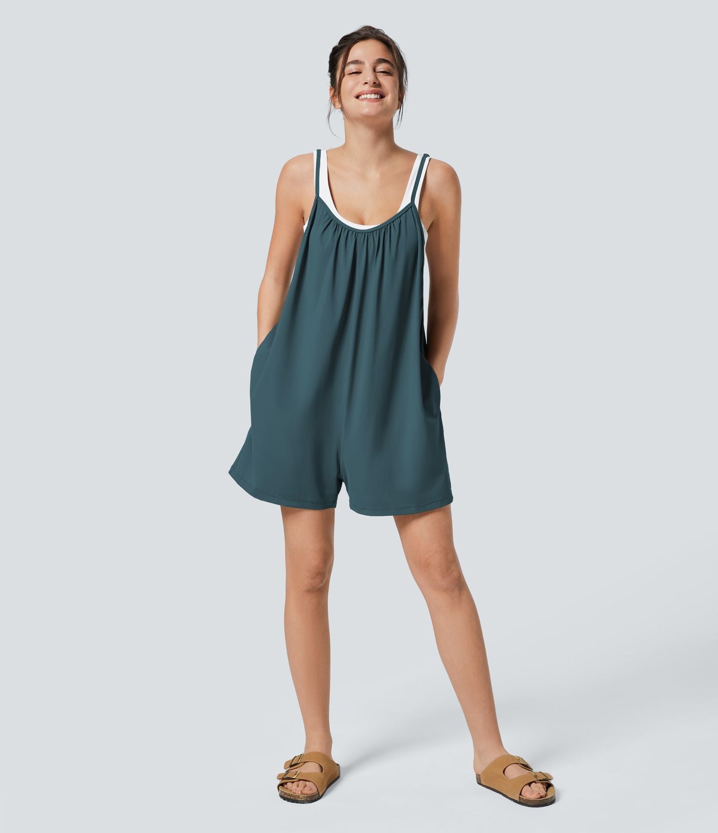 Combinaison Large Casual à Jambes Larges Solide avec Fines Bretelles Réglables Poches Latérales Plissées