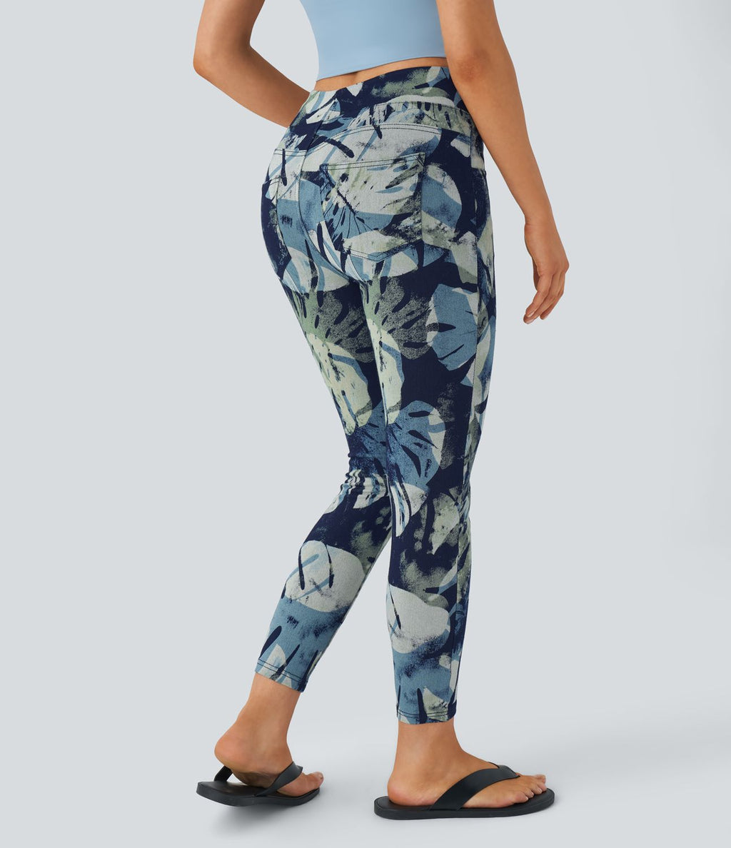 Halara Flex™ Leggings Casual en Denim Tricot Extensible à Taille Haute avec Imprimé Floral et Plusieurs Poches - 7/8