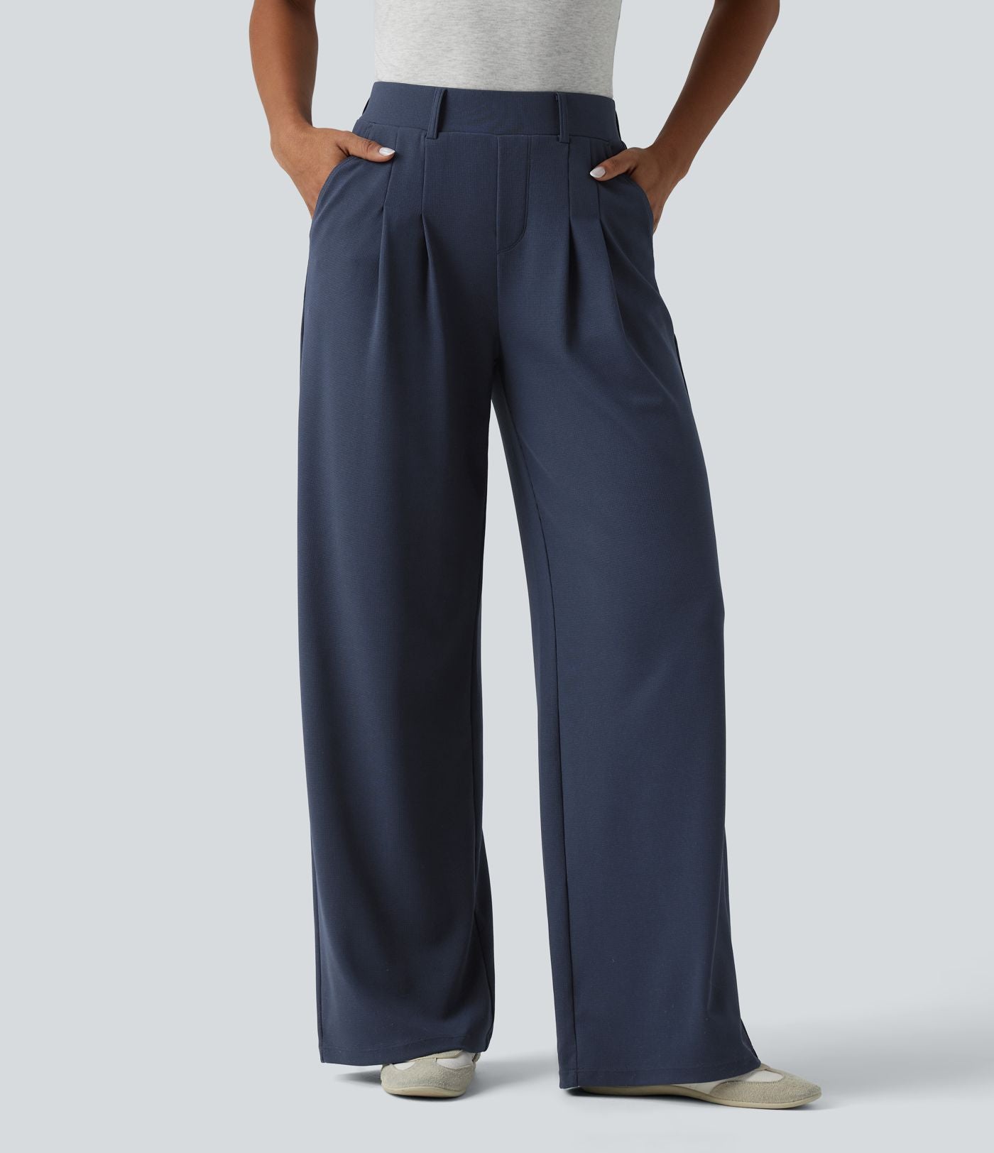 Pantalon décontracté large taille mi-haute gaufré avec poches