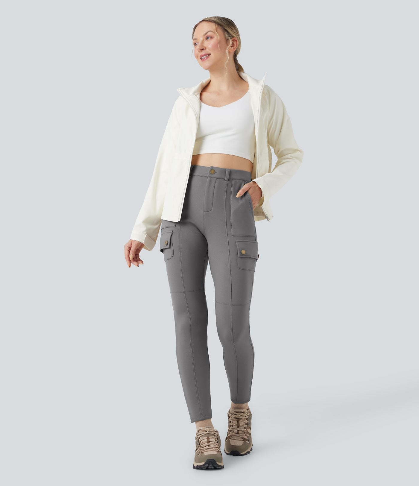 Pantalon cargo de randonnée ajusté polaire taille haute avec poches