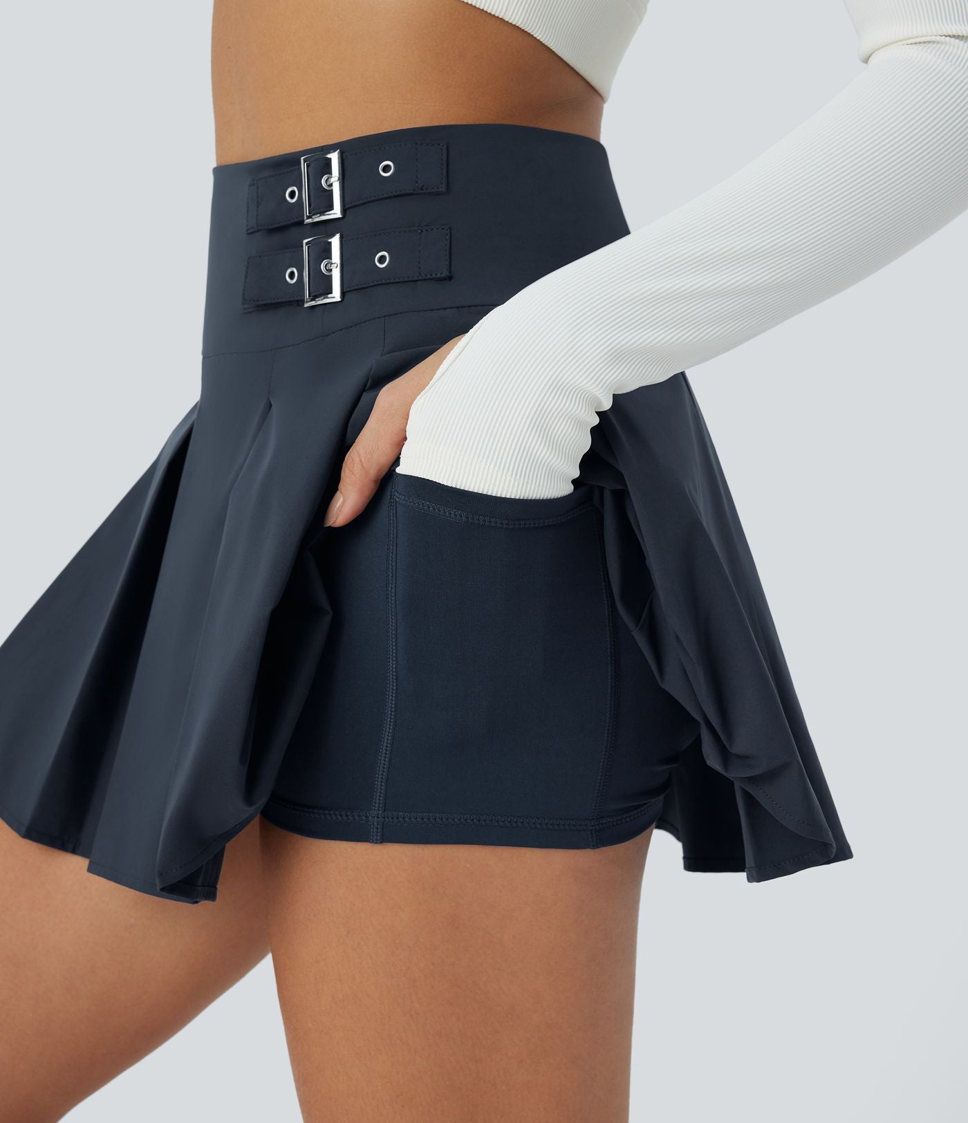 Jupe Danse Mini en A-Line Plissée 2 en 1 Taille Haute Fermeture Éclair Invisible Boucle Décorative Poches Latérale