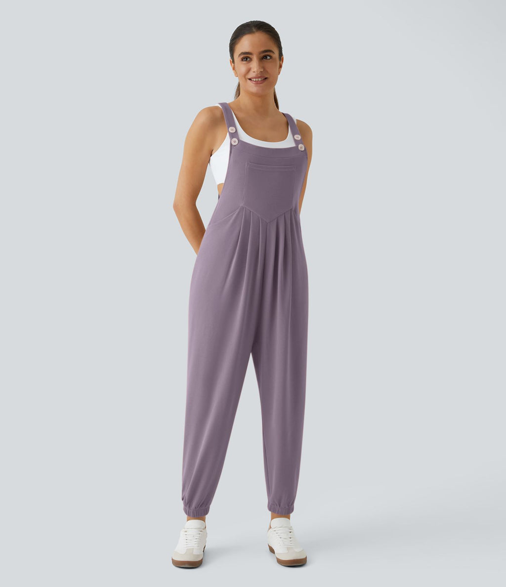 Salopette Casual Bretelles Ajustables Boutonnés Multiples Poches Plis et Tissu Gaufré