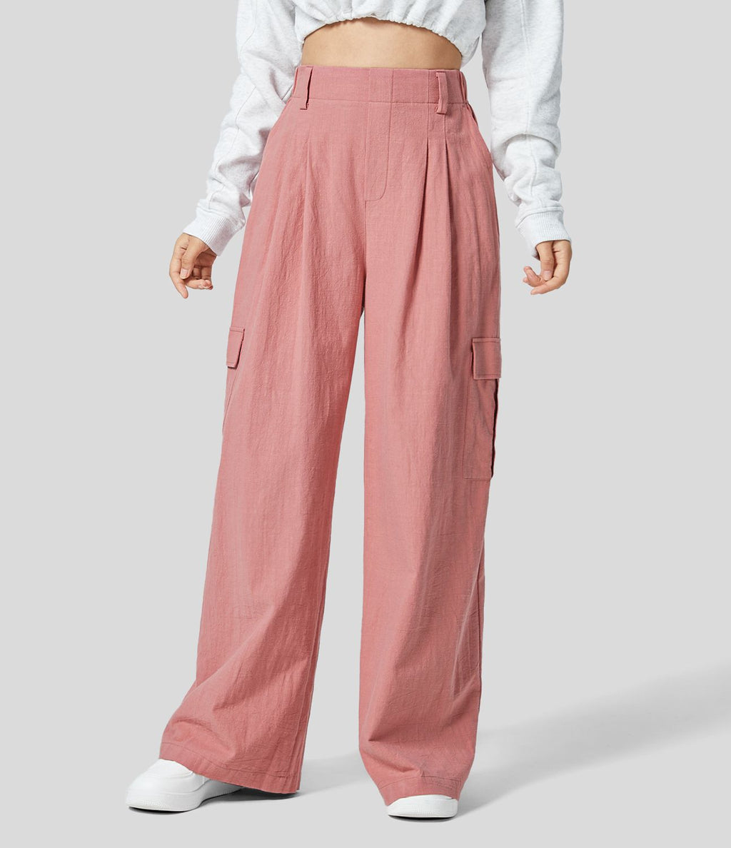Pantalon Palazzo Fluide à Taille Haute avec Plis et Multiples Poches, Style Décontracté, Aspect Lin