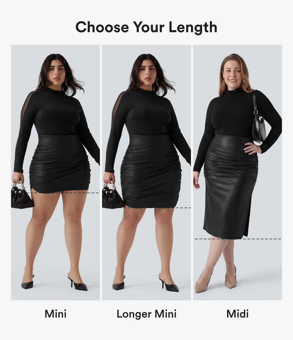 Jupe mini moulante grande taille 2 en 1 taille haute ventre plat froncée ourlet arrondi en polaire simili cuir — longueur allongée