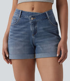 Short denim décontracté Halara Flex™ asymétrique délavé taille haute ourlet roulotté avec poches