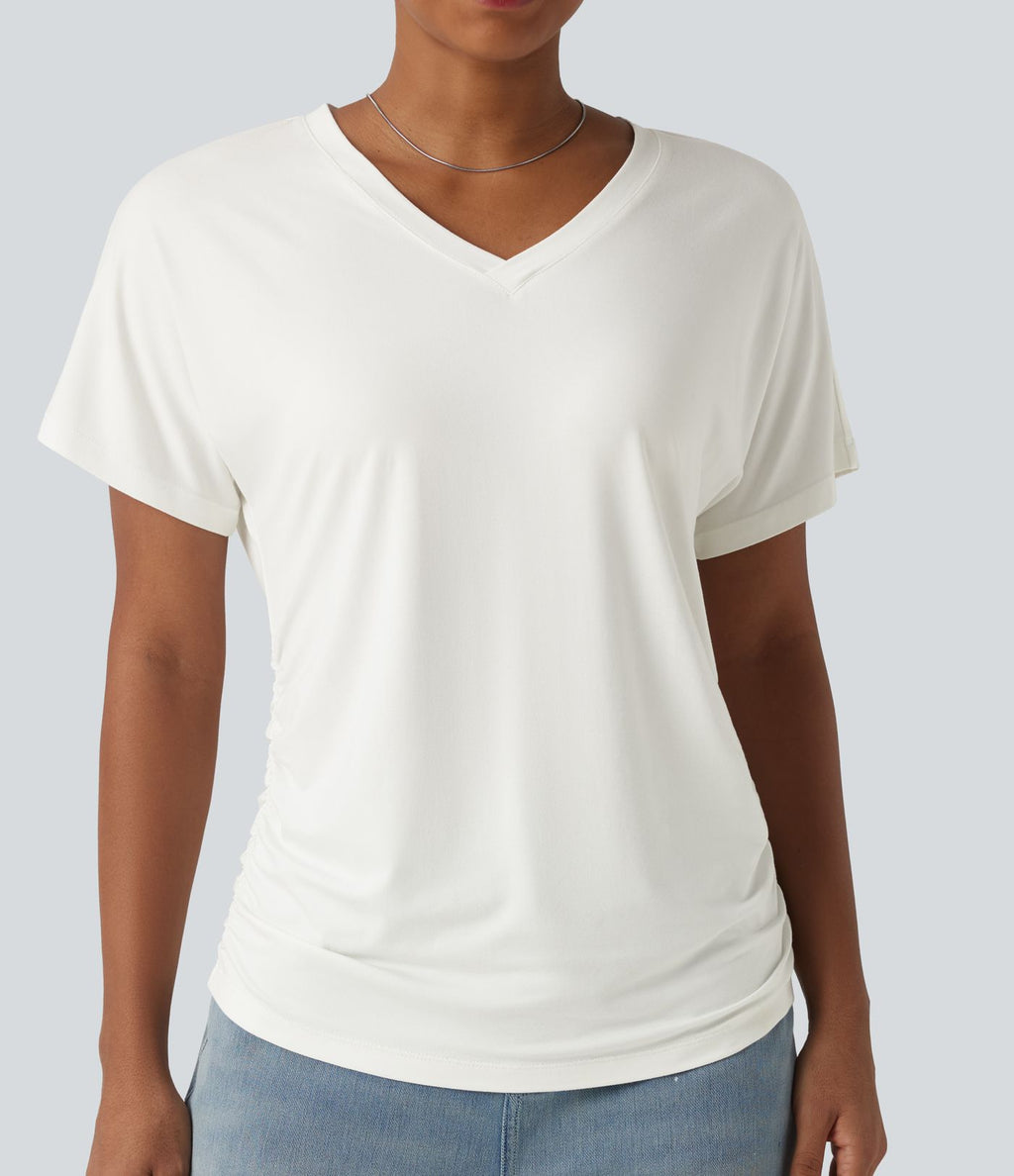 T-shirt décontracté uni à manches courtes, col V et fronces