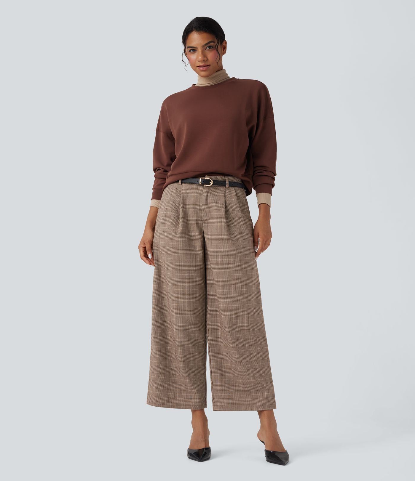 Pantalon de travail Halara Flex™ 7/8 droit à carreaux pied-de-poule, taille mi-haute, avec poches