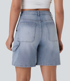 Short bermuda décontracté en denim extensible lavé Halara Flex™ taille mi-haute avec poches multiples