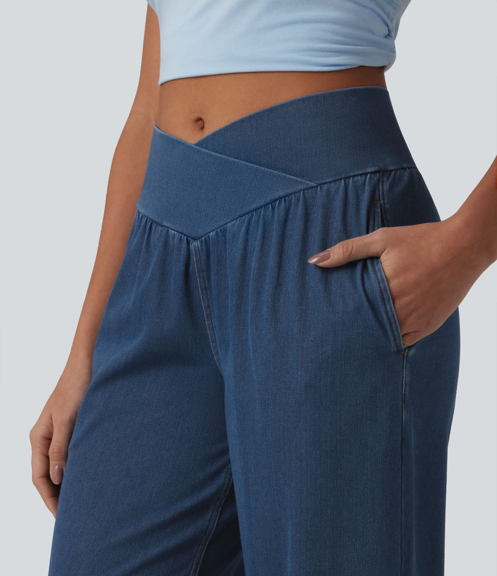 Halara Flex™ Jogging décontracté en denim taille mi-haute croisé avec cordon de serrage et poches