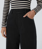 Jean ample délavé taille haute en maille extensible avec poches multiples