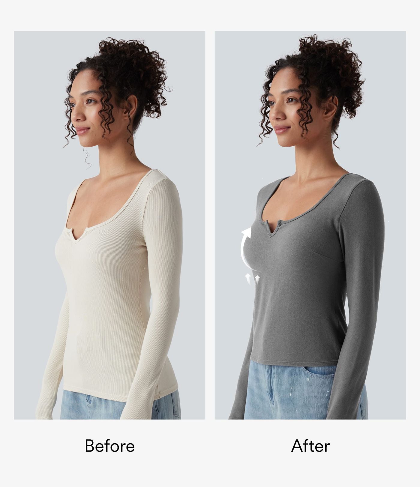 Top casual chaud push-up avec bonnets moulés, col cranté et manches longues - Bonnet A/B