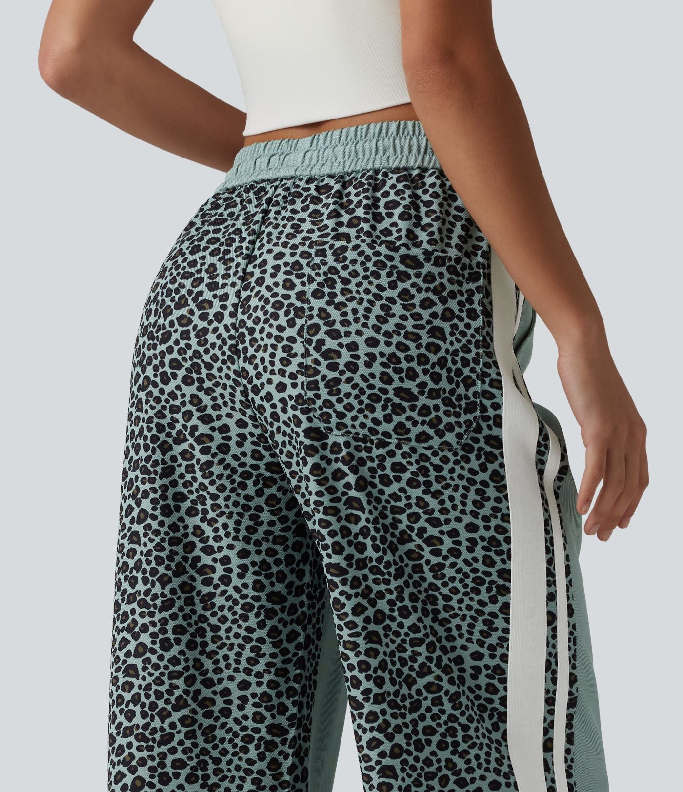 Pantalon ample décontracté taille mi-haute avec cordon de serrage color block rayures léopard contrastant avec poches