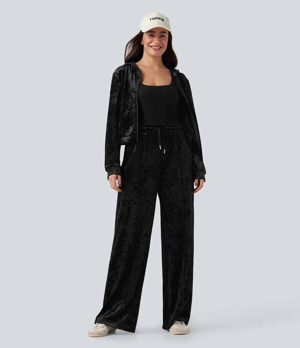 Pantalon décontracté velours jambe large taille mi-haute avec cordon de serrage et poches