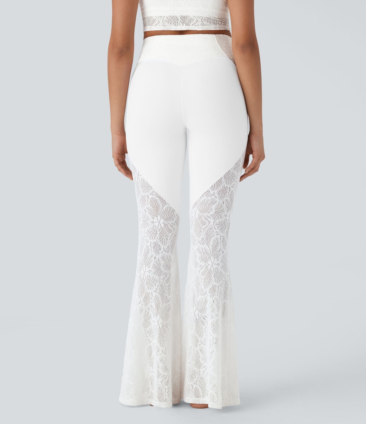 Pantalon de yoga évasé à taille haute croisée, poche arrière et dentelle