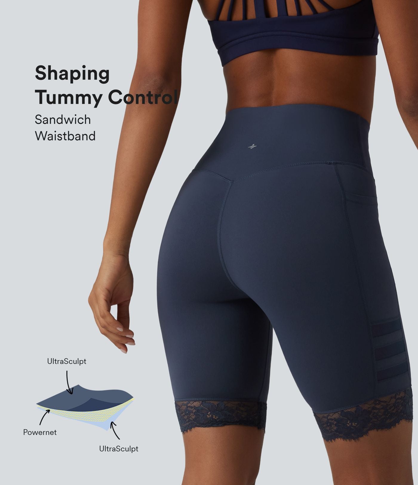 Halara UltraSculpt™ Short de cycliste gainant taille haute en mesh respirant avec dentelle contrastée et poches — 23 cm