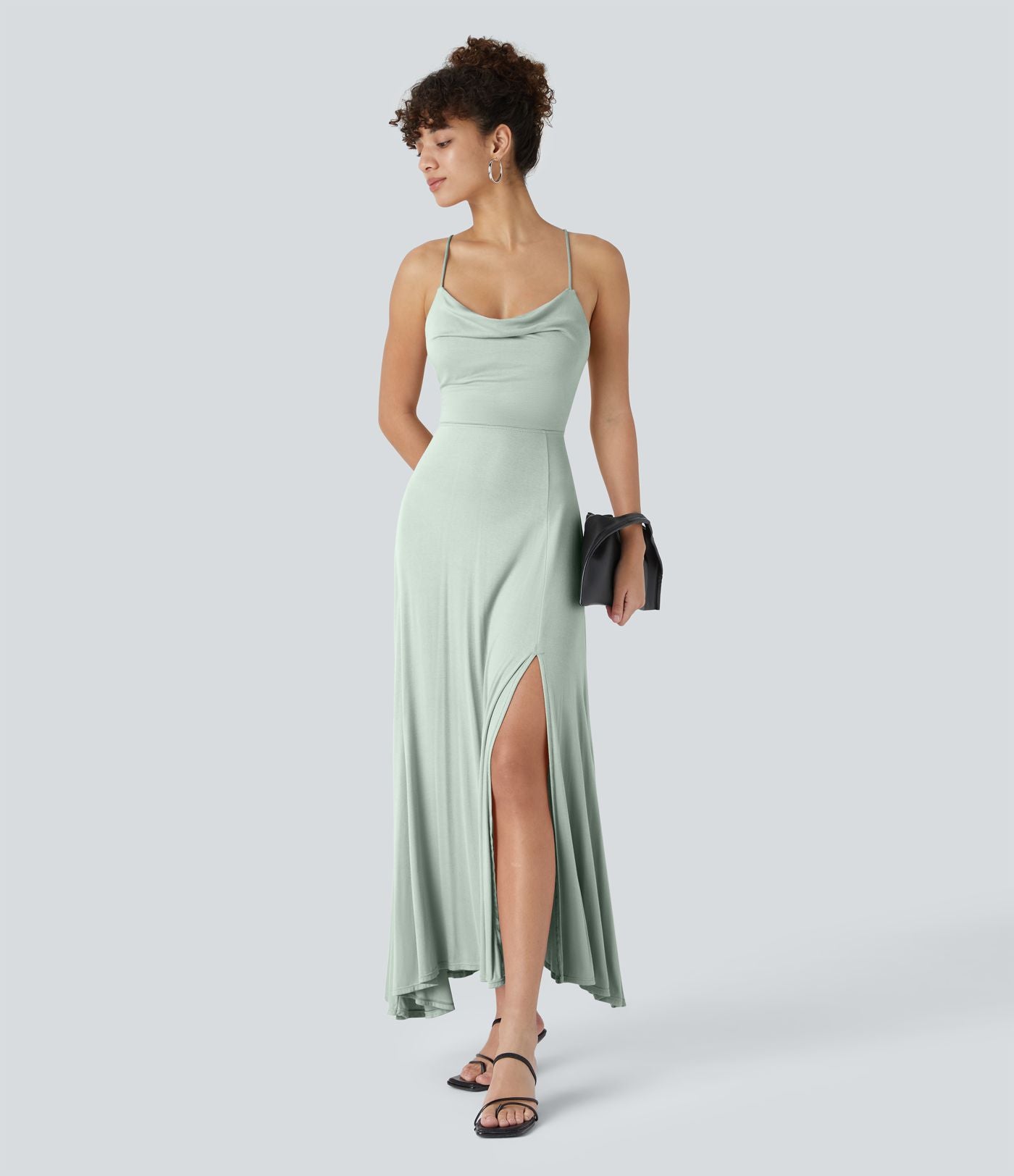 Robe Soirée Midi Encolure Côtelée Dos Nu Lacets Croisés Fendue